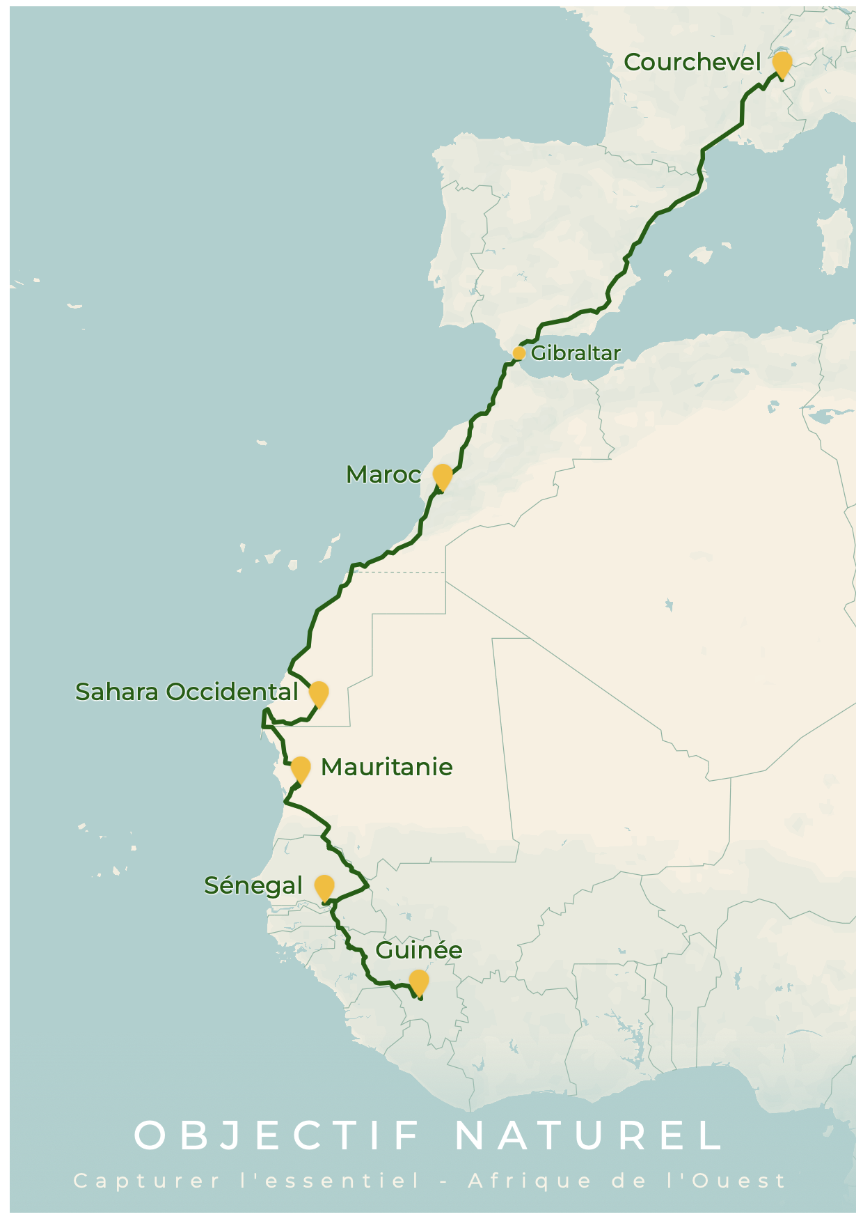 Carte de l'itinéraire : de Courchevel en Savoie jusqu'à la Guinée, en descendant l'Espagne, en traversant à Gibraltar, puis le Maroc, le Sahara occidental, la Mauritanie et le Sénégal.
